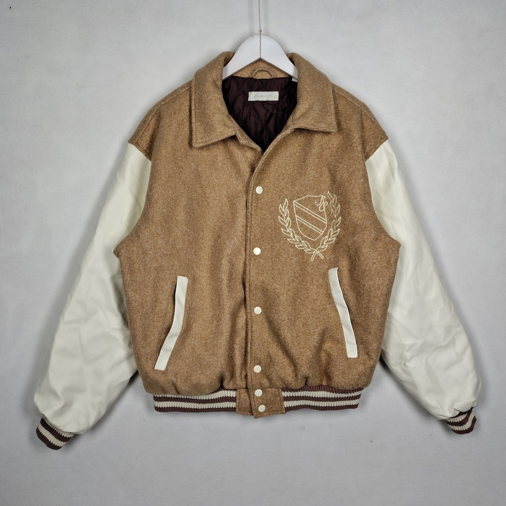 Standard Cloth Varsity Jacket Tan Cream Embroidered Crest Bomber Mens Medium